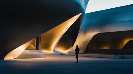 A twilight shot of an architectural photographer capturing the play of light and shadow on a futuristic museum facade, Museum architecture scene, Artistic photography style