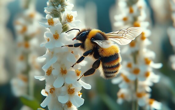 Bumblebee pollinating white flowers.