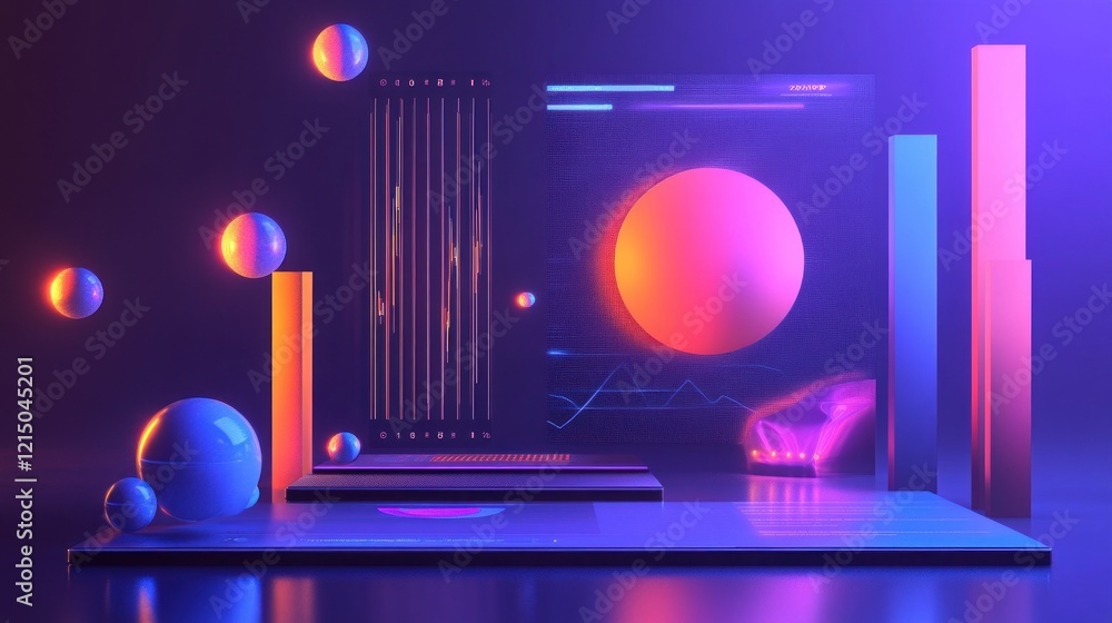 Poster abstract futuristic data visualization with geometric shapes and neon lights