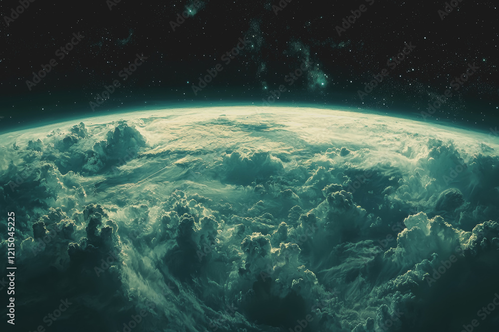 Poster view of earth from space with clouds and blue atmosphere captured in a high-resolution image showing