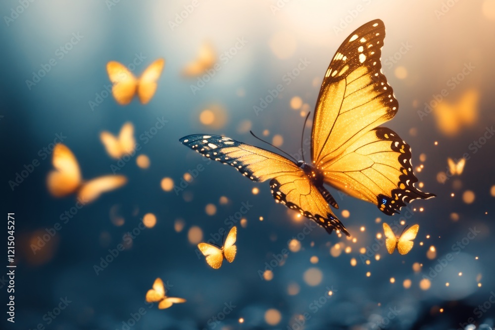 Aufkleber a whimsical fantasy world where people smile as glowing butterflies flutter around them, illuminatin
