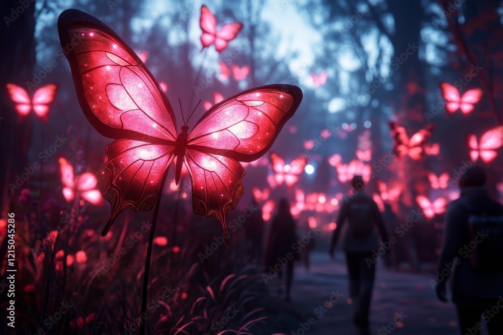 Poster a whimsical fantasy world where people smile as glowing butterflies flutter around them, illuminatin