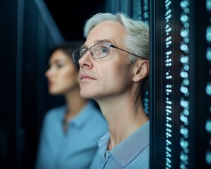Contemporary Corporate IT Aesthetics Middle-Aged Professionals in Ambient Server Room Exploring Cybersecurity Visuals - Enhanced Network Security for Digital Enterprises