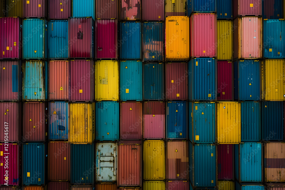 Poster close-up view of multicolored cargo containers stacked in a freight terminal