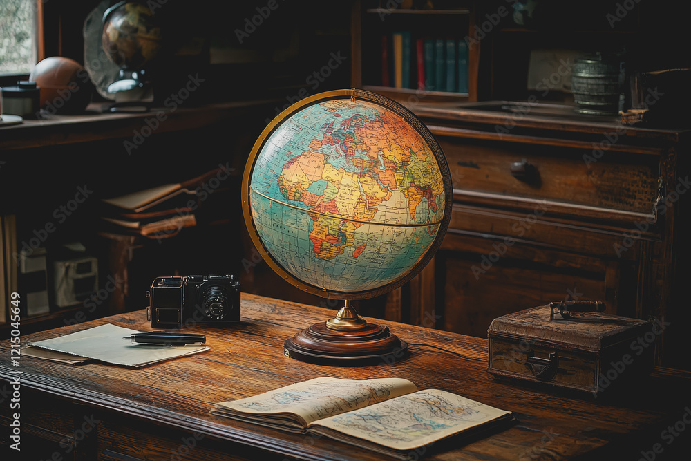 Poster globe on a desk next to a camera representing travel and exploration concept in an office or study e
