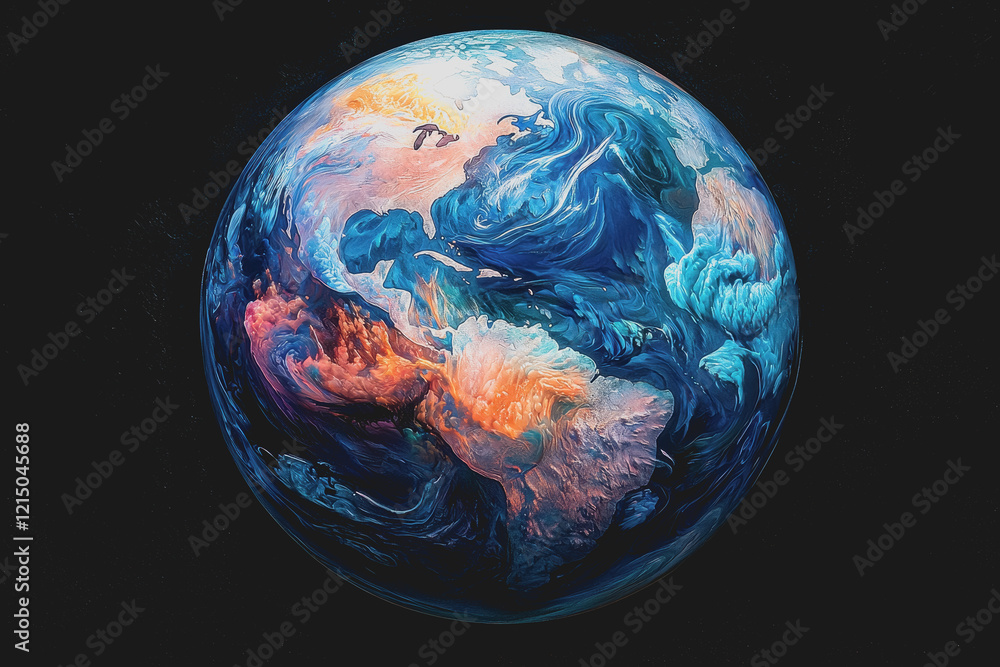 Poster earth viewed from space on a black background with stars and cosmic elements in the surrounding atmo