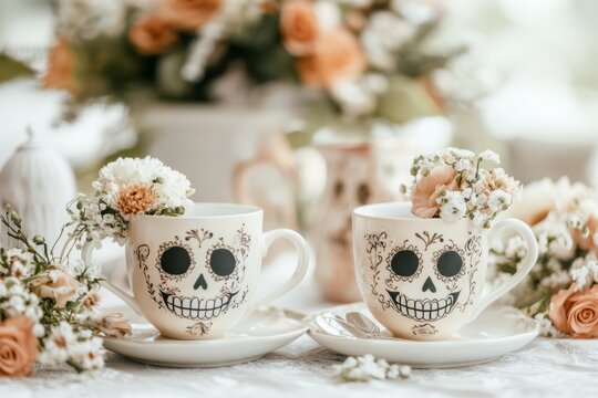A whimsical gothic-style tea party with cheerful skeletons clinking cups and laughing, surrounded by playful decorations in muted tones