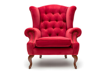 Elegant red velvet armchair with wooden legs. Santa's red velvet armchair isolated on white background