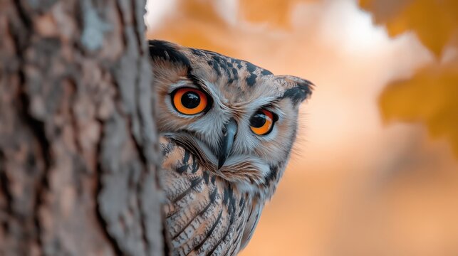 Curious owl peeks from behind tree trunk. Orange eyes of owl show alertness, curiosity. Wildlife scene in natural environment. Owl perched on branch in forest. Enchanting nature. Majestic creature