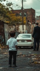 Boy Watching Car Depart in Alleyway