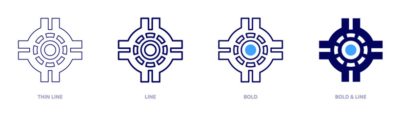 Roundabout navigation icon in 4 different styles. Thin Line, Line, Bold, and Bold Line. Duotone style. Editable stroke