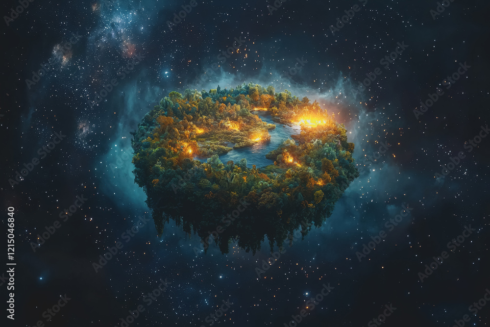 Poster vibrant space scene featuring a colorful nebula surrounding a distant planet with stars scattered th