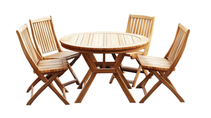 Teak Wood Dining Set: A classic round teak wood dining table surrounded by four comfortable folding chairs, perfect for outdoor dining or garden spaces.