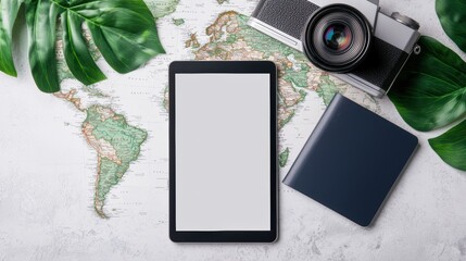 A tablet, camera, and notebook are arranged on a world map, surrounded by green leaves, suggesting themes of travel and exploration.