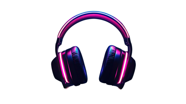 Neon Headphones:  A pair of sleek, over-ear headphones glows with vibrant pink and blue neon light, creating a futuristic and stylish aesthetic. Perfect for music lovers and tech enthusiasts. 
