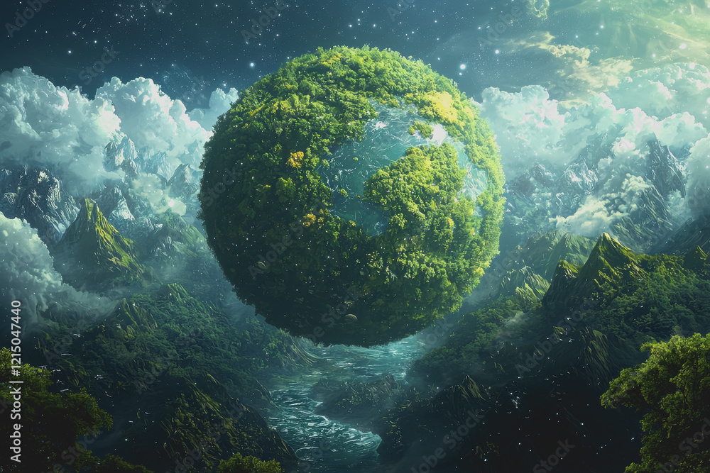 Aufkleber green planet floating in the sky with blue background and clouds underneath in a vast space environm