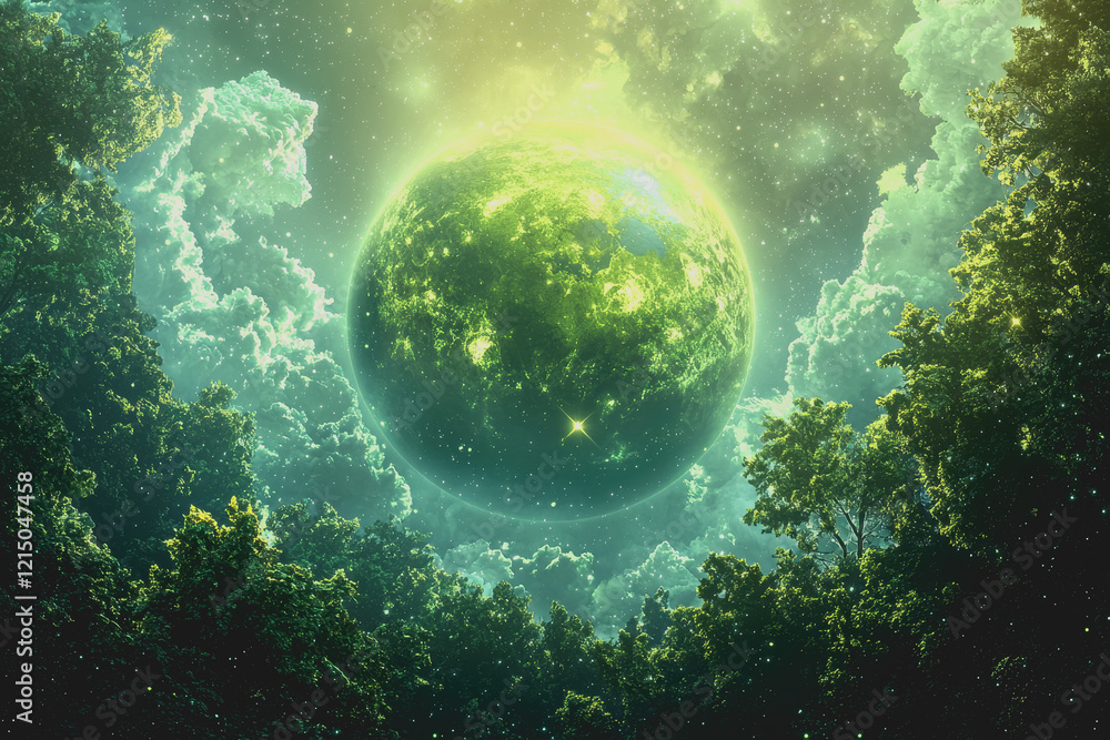 Poster aerial view of a green planet surrounded by lush trees with a blue sky in the background creating a 