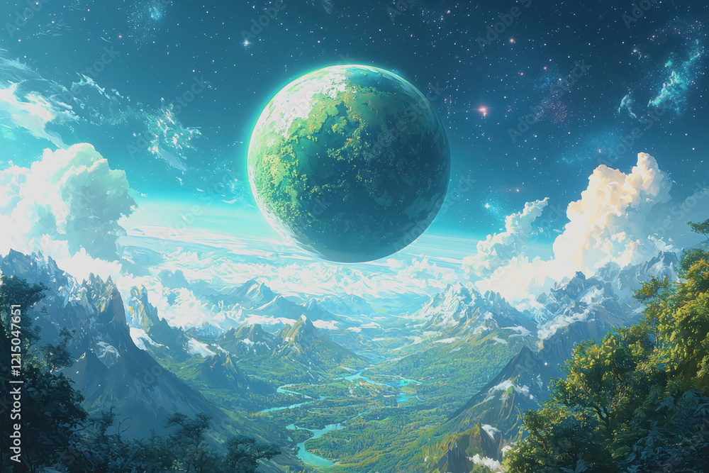 Aufkleber a vibrant green planet floating in a deep blue sky with clouds creating a serene celestial scene for