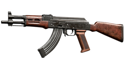 AK-47 Assault Rifle: A detailed close-up view of an AK-47 assault rifle, showcasing its distinctive features and design.  The weapon is presented against a clean background.