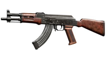AK-47 Assault Rifle: A detailed close-up view of an AK-47 assault rifle, showcasing its distinctive features and design.  The weapon is presented against a clean background.