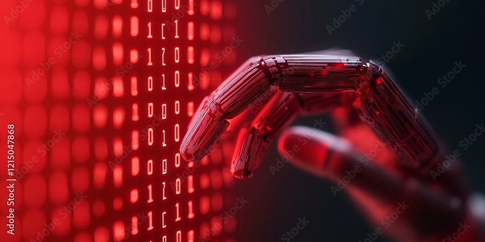 Fototapete Futuristic Tech Visualization Metallic Robotic Hand with LED Binary Code Display - Cutting-Edge AI Systems and Digital Security Solutions for Innovative Business Automation