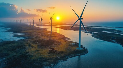 Aerial view of wind farms near an American coastal town