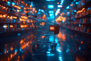 "B2C" surrounded by icons of price tags and shopping carts, arranged neatly. Bright lighting, contrast