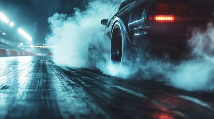 Smoke billows from a race car doing a burnout on a race track at night