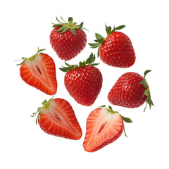 Fresh Ripe Strawberries with Whole and Sliced Fruit, Vibrant Red Berries, Juicy and Sweet, Healthy Snack, Natural Food, Isolated on Transparent Background