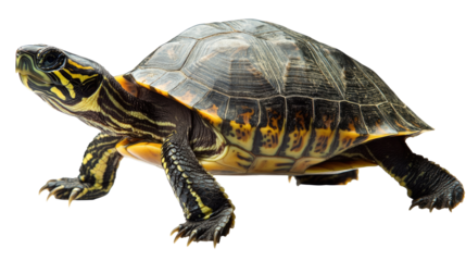 Turtle in Motion: A curious and determined turtle, with a vibrant shell pattern and intricate markings, ventures forth on a journey, capturing a sense of exploration and persistence.