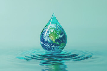 A single drop of water containing a miniature view of earth reflecting its land and oceans on a clear surface against a neutral background