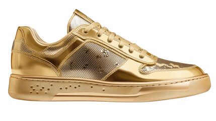 Golden Sneaker: A luxurious pair of gold metallic low-top sneakers, perfect for adding a touch of opulence to any outfit.