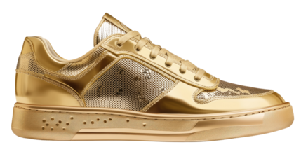 Golden Sneaker: A luxurious pair of gold metallic low-top sneakers, perfect for adding a touch of opulence to any outfit.