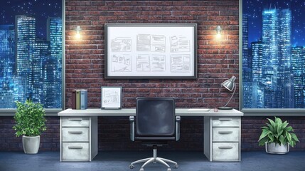 Night city view office desk workspace design