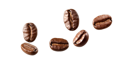 Coffee Bean Flight: Six roasted coffee beans suspended in mid-air, creating a visually dynamic and aromatic composition. This image evokes the essence of coffee, capturing the aroma, flavor.