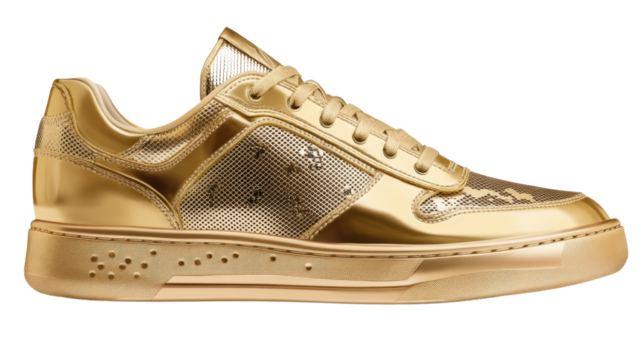 Golden Sneaker: A luxurious pair of gold metallic low-top sneakers, perfect for adding a touch of opulence to any outfit.