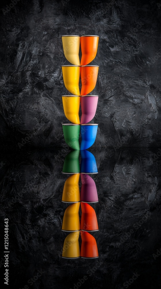 Poster colorful stacked cups on a reflective surface in an artistic arrangement creating a visual contrast