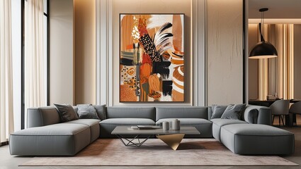3D design of modern Living room wall poster having unique art. Interior with unique house background. Modern interior design.
