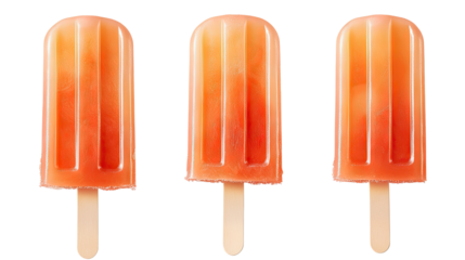 Refreshing Peach Popsicles: Three vibrant peach popsicles, arranged in a row, showcasing their juicy, layered texture and inviting colors.  A perfect image for summer refreshment. 