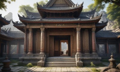 Obraz premium Ancient Asian temple with intricate carvings and ornate details, peaceful landscape, tranquil garden