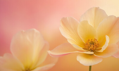 Delicate abstract floral shapes with layered translucent petals in soft yellows and pinks, floating on a bright sky-like gradient