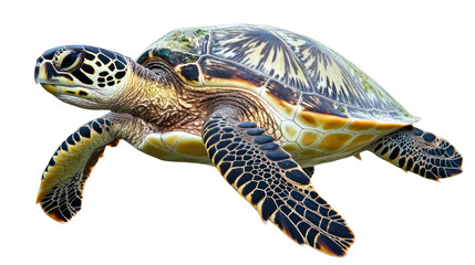 Fototapeta premium Majestic Hawksbill Sea Turtle: A detailed close-up of a Hawksbill sea turtle, showcasing its intricate shell patterns and elegant form. The turtle appears to be swimming gracefully. 
