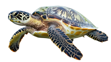 Majestic Hawksbill Sea Turtle: A detailed close-up of a Hawksbill sea turtle, showcasing its intricate shell patterns and elegant form. The turtle appears to be swimming gracefully.  