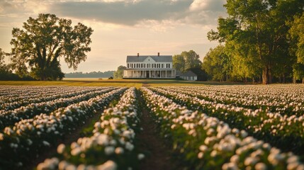 Expansive Cotton Field Leading to a Grand Plantation Estate