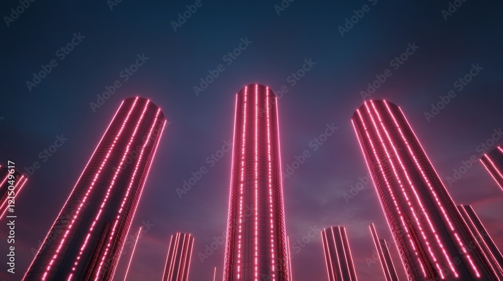 Aufkleber Neon Cyber-Cityscape Dynamic LED-Enhanced Skyscraper Skyline - Advanced Urban Security Visualization for Cutting-Edge Tech and Smart Infrastructure Solutions