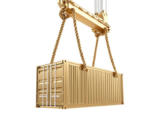 Isolated Golden Shipping Container on Crane