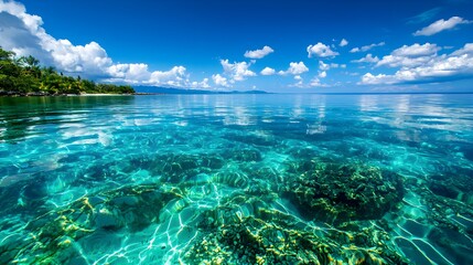 Fototapeta premium Crystal Clear Tropical Water with Rocks and Lush Blue Sky