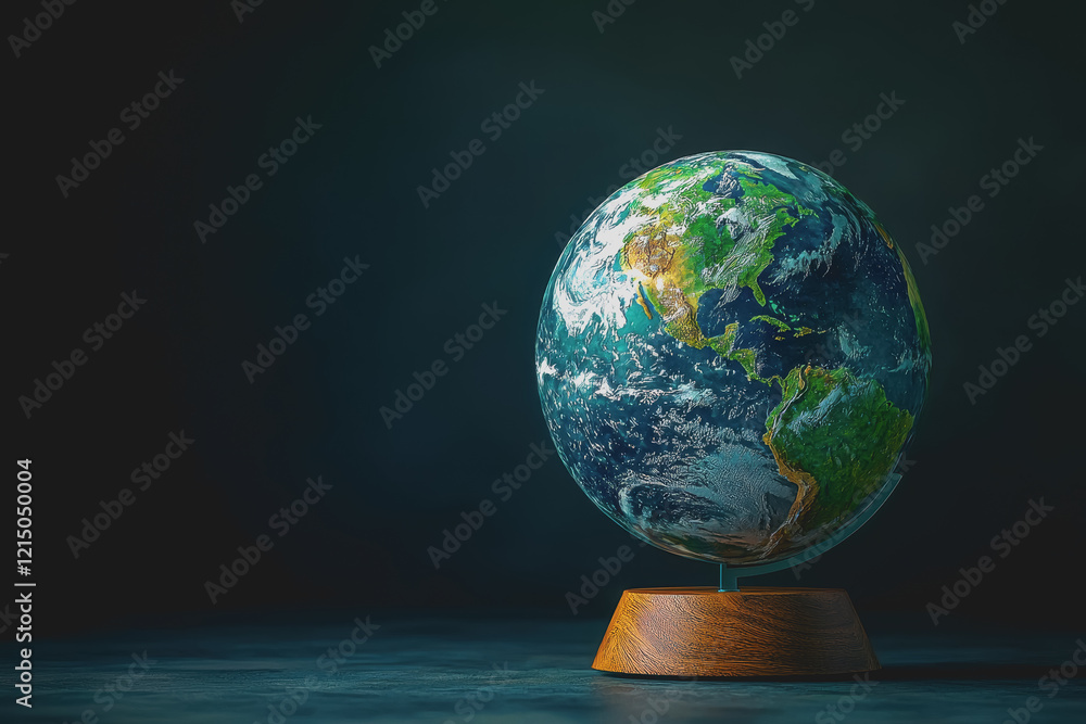 Poster globe on a wooden stand displaying world map in a natural setting with soft lighting and textured su
