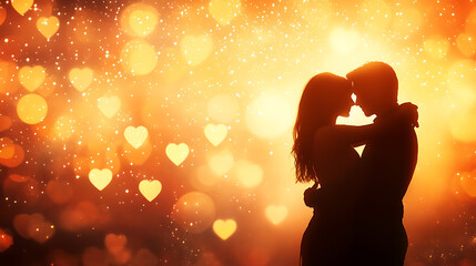 A couple hugging with heart-shaped bokeh lights in the background, isolated on white background in HD