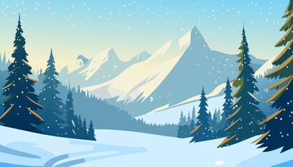 Winter landscape with pine trees and snowfall in the mountains. Vector illustration.